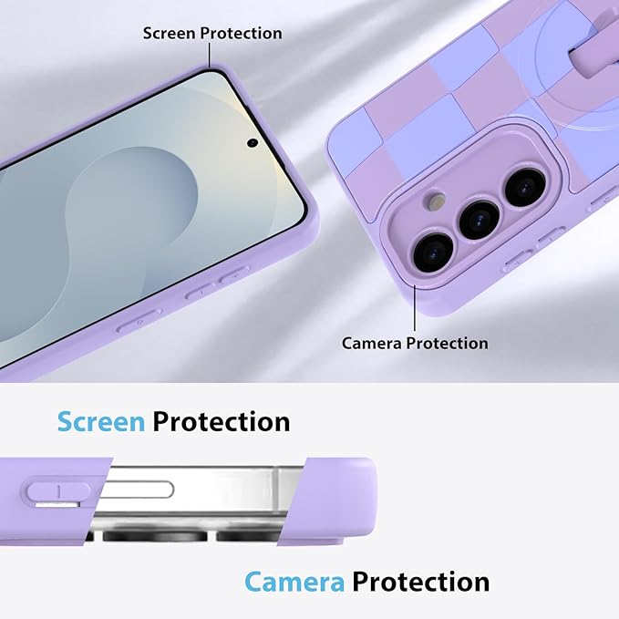 KANGHAR Compatible with Samsung Galaxy S25 Case, Support for MagSafe, Silicone Checkered Cute Pattern, Wristband Kickstand Camera Protection Soft Slim Cover for Girls Women -Purple