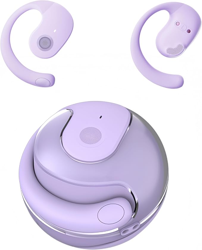 Open Ear Headphones, Bluetooth 5.4 Wireless Sports Headphones with Digital Display Charging Case 48 Hours Playtime True Earbuds with Earhooks for Running Walking Workout (Fresh Purple)