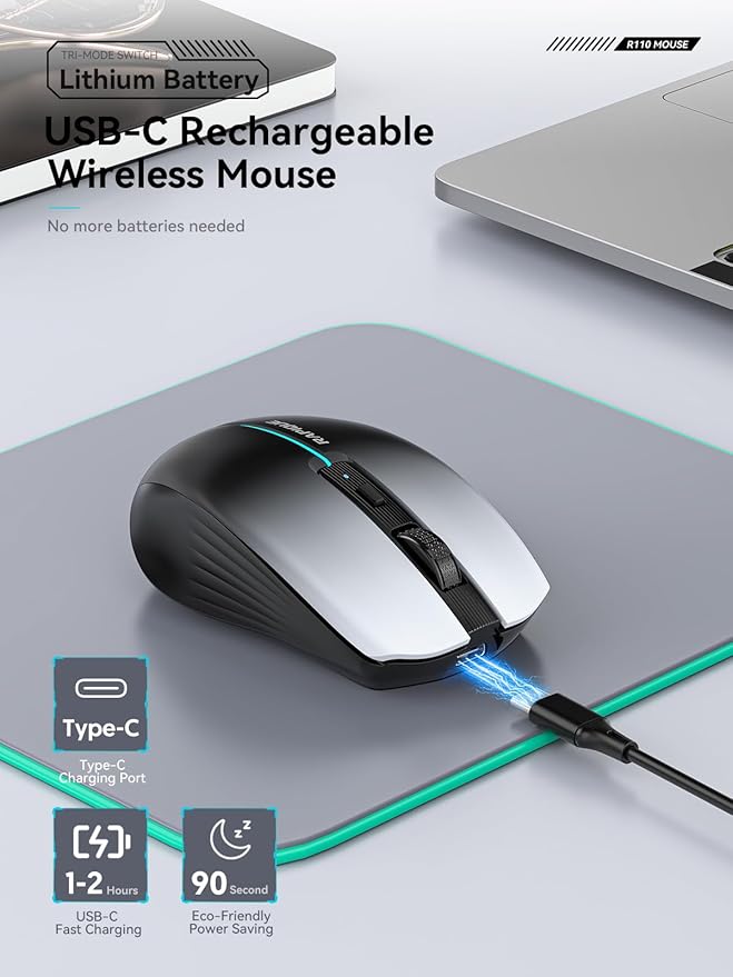 RAPIQUE Bluetooth Wireless Mouse – White to Black Gradient, Dual Bluetooth 5.1 & 2.4G Connectivity, Silent Click, Rechargeable, Ergonomic 6-Button for Windows/MacOS/Android/Laptop/MacBook/iPad