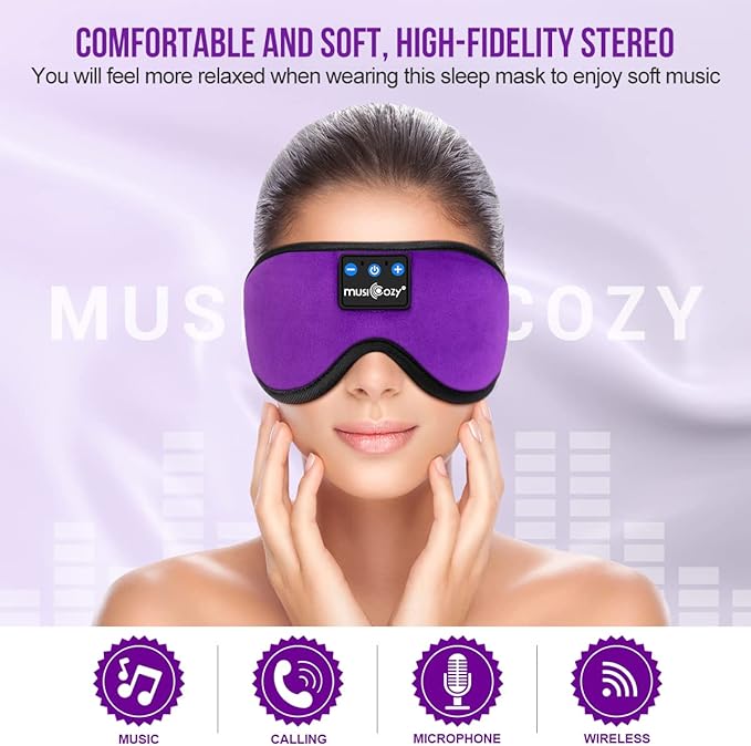 MUSICOZY Sleep Headphones, Bluetooth 5.4 Sleep Mask Headband Headphones Sleeping Eye Mask, Wireless Music Earbuds Earphones with HD Stereo Speakers Cool Gadgets Gifts (Violet)
