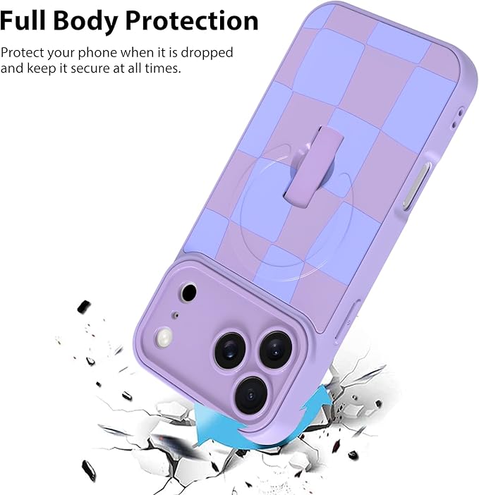 KANGHAR Compatible with iPhone 17 Pro Max Case, Support for MagSafe, Silicone Checkered Cute Pattern, Wristband Kickstand Camera Protection Soft Slim Cover for Girls Women -Purple