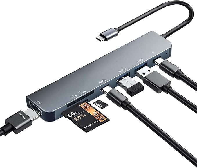 USB C Hub Multiport Adapter, 7 in 1 USBC Dongle with 4K HDMI, 100W PD Charging, USB 3.0, SD/TF Card Reader, USB-C Docking Station for MacBook Pro/Air, Chromebook, Dell, HP and Other Type C Laptops