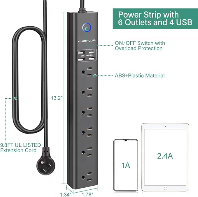 AUOPLUS 10FT Surge Protector Power Strip, 6 AC Outlets with 4 USB Ports, Long Extension Cord Flat Plug(1250W/10A/2100J) Wall Mount Power Strips for Computer Home Office Dorm - Black