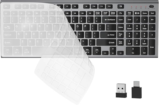 FENIFOX Wireless Silent Keyboard, Ultra Quiet USB C Low Profile Compact Full Size with Number Pad Flat Slim Thin Soft Touch for Mac Computer MacBook iMac PC Laptop Desktop Office (Black and Grey)