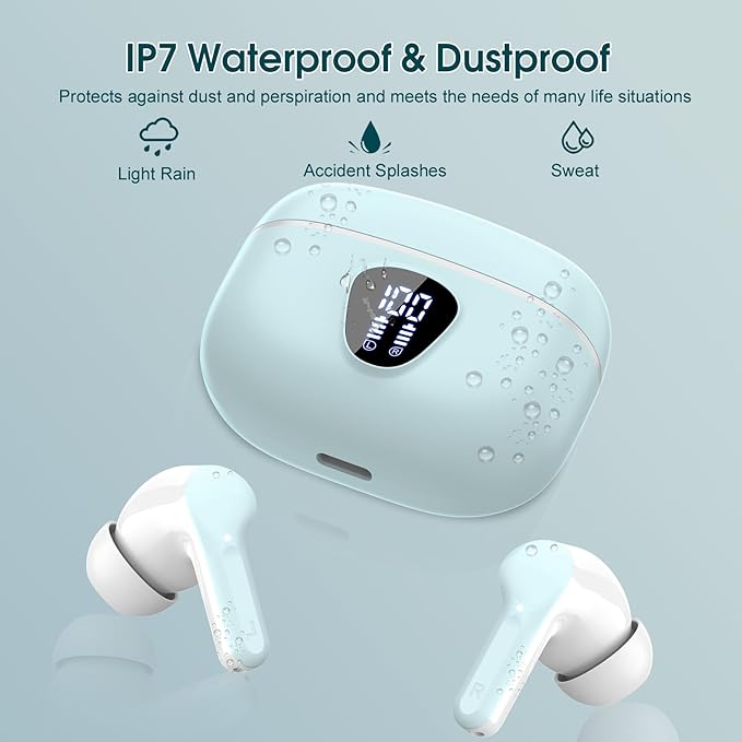 Wireless Earbuds, Bluetooth 5.4 Headphones HiFi Stereo, Bluetooth Earbuds with ENC Noise Cancelling Mic, IP7 Waterproof in Ear Earphones, 48H, LED Display Ear buds for Pad Phones Workout Sports, Azure