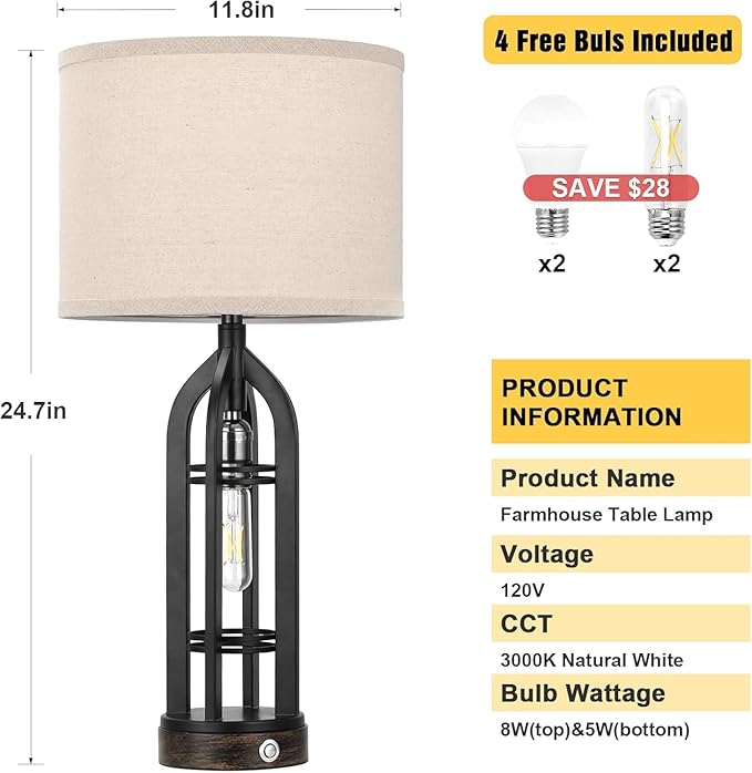 Seealle Table Lamps for Living Room - Black Bedside Lamp for Bedroom with USB C+A & Outlet, Farmhouse Lamps for Night Stands, 3-Way Dimmable Touch Lamps for Living Room with Oat Shade(Single)