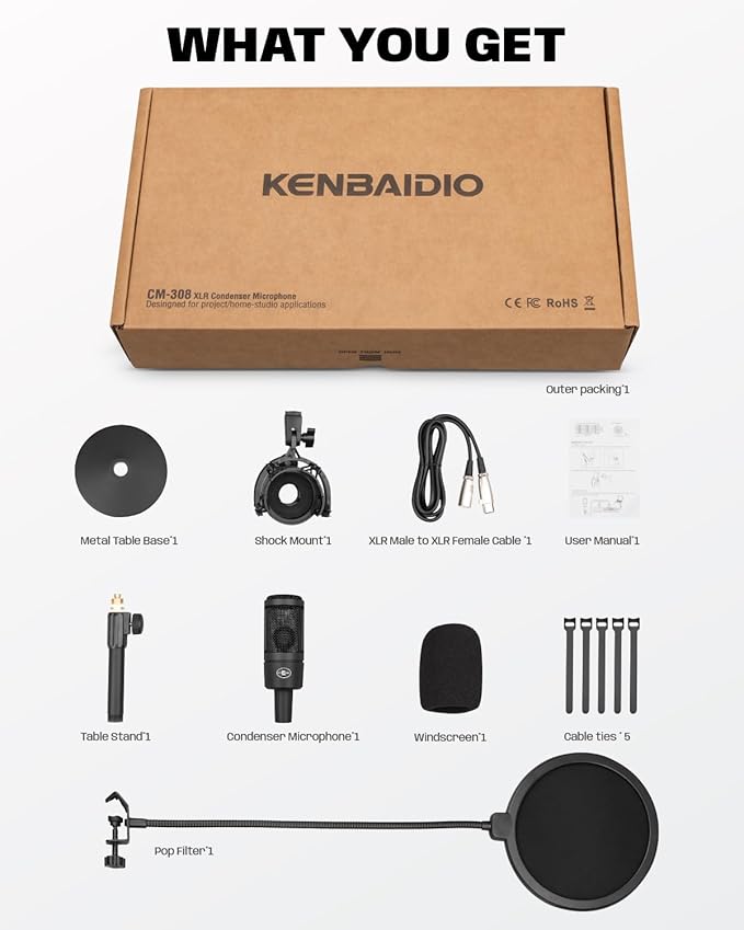 XLR Condenser Microphone with 26mm Large Diaphragm, Professional Cardioid Recording Studio Mic Kit with Metal Desktop Stand, Pop Filter for Streaming, Podcasting, Gaming, Voice-Over, Vocal, Youtube