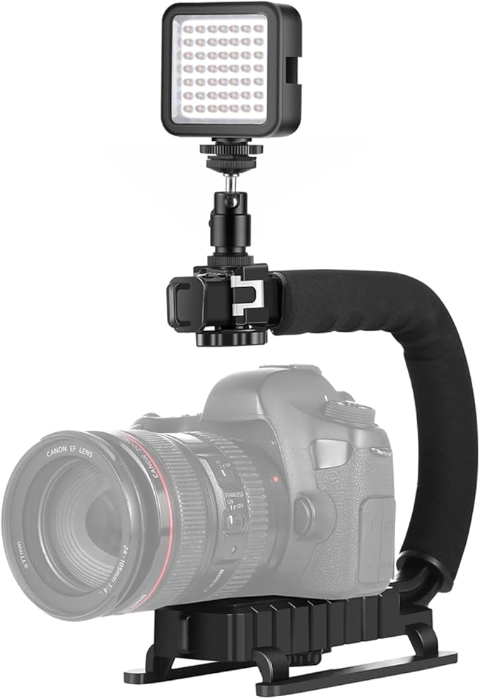 PULUZ U/C Shape Video Action Stabilizing Handle Grip Handheld Stabilizer Kit with Phone Clamp + LED Studio Light for Canon Sony Nikon Cameras and Home DV Camera Smartphones