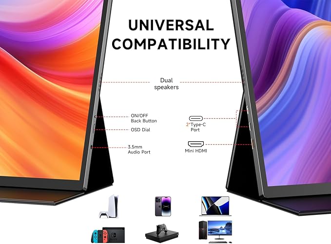qaf 18.5 Inch Portable Monitor, 100Hz 1080P FHD IPS HDR Display, 100% sRGB, Frameless Gaming Travel Second Monitor for Laptop PC Mac PS5 Xbox, VESA Mount, Built-in Speakers - Classic Black
