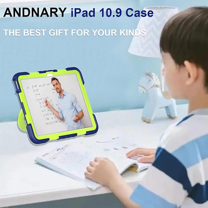 Andnary Case for iPad (A16) 11th Generation 11 inch 2025/10th Generation 10.9 inch 2022, Shockproof Cover with Screen Protector/360° Rotate Handle/Bracket/Pen Holder/Shoulder Strap (Navy+Green) | (A16), 2025, 2022, Heavy Duty, Shockproof Cover