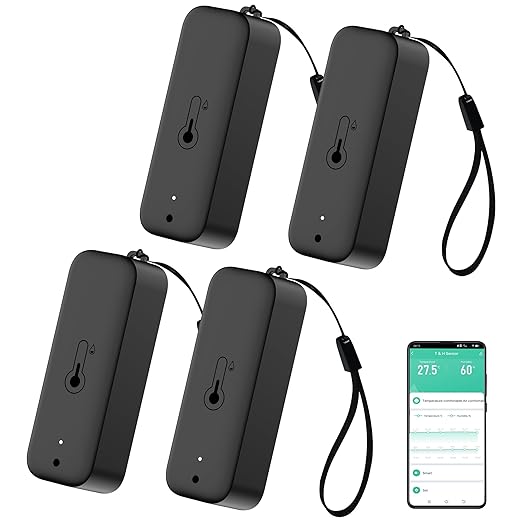 WiFi Hygrometer Thermometer Sensor, Wireless Smart Temperature Humidity Monitor with Remote App Notification Alert, for Home, Greenhouse Black (4 Pack)