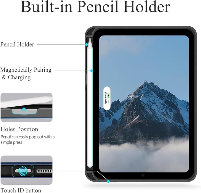 auaua Case for iPad mini 7 (A17 Pro), iPad mini 7th/6th Generation (2024/2021 8.3-inch), with Front Pocket Pencil Holder, Typing Angle Muti-Stand Magnetic Closure Auto Sleep/Wake (Blue)