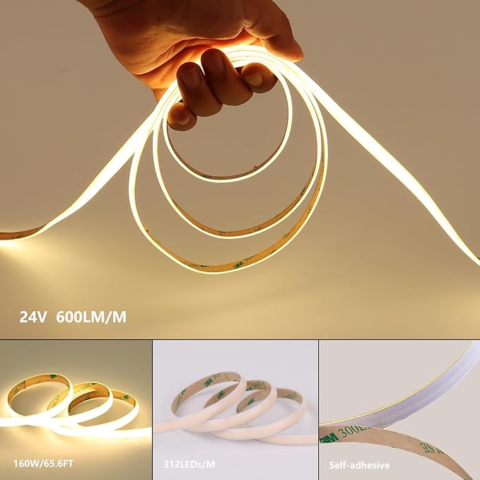BENLUN 24V Diffused COB LED Strip Light 65.6ft (2 Rolls of 32.8ft), 4000K Natural White Outdoor Milky Silicone Waterproof, 11W/M CRI 93 LED Tape Lights with Power Supply for Bedroom Courtyard