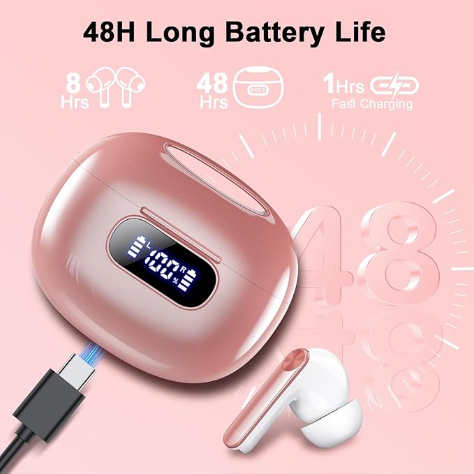 Wekily Wireless Earbuds, Bluetooth 5.3 Headphones LED Power Display, 2025 New Wireless Earphones, 4 ENC Noise Cancelling Mic, HiFi Stereo, 48H Playtime Mini Case IP7 Waterproof for iOS Android