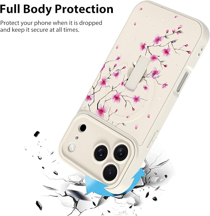 KANGHAR Compatible with iPhone 17 Pro Max Case, Magnetic Compatible with MagSafe, Cute Flower Floral Pattern Wristband Kickstand Full Camera Lens Shockproof Protective Case for Girls Women, White