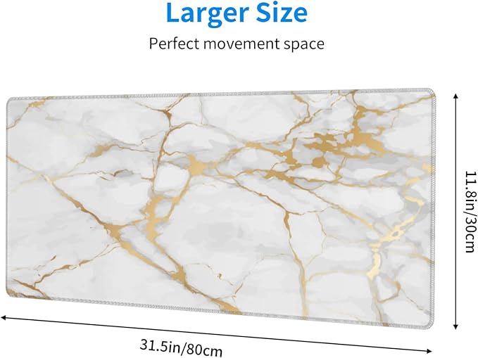 White and Gold Marble XL Large Mouse Pad with Stitched Edges Long Non-Slip Rubber Base Mousepad Laptop Keyboard Mat Desk Pad for Office Home Desk Decor, 31.5" X 11.8"