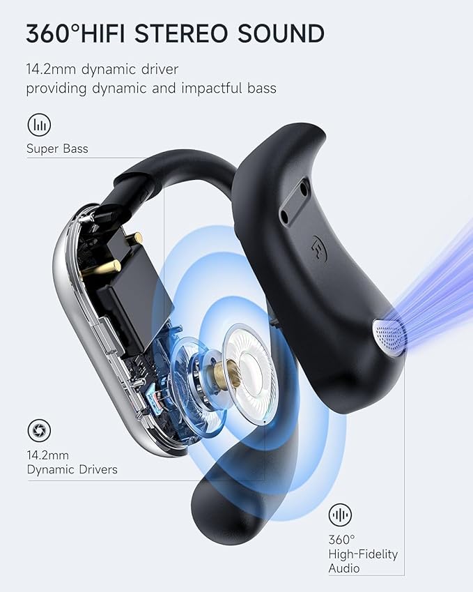 EUQQ Open Ear Headphones 80H Playtime- 2026 Bluetooth 5.4 Ear Earbuds Wireless with ENC Mic Noise Canceling,Lightweight Comfort,IPX7 Sweat Resistant,Adjustable Ear Hooks for Sports Running,Workout