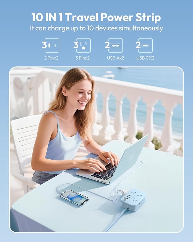 NTONPOWER Travel Power Strip, 6 Outlets 4 USB Ports(2 USB C), 4ft Extension Cord Wrapped Around Small Power Strip, Compact for Travel, Hotel, Cruise Approved, Blue