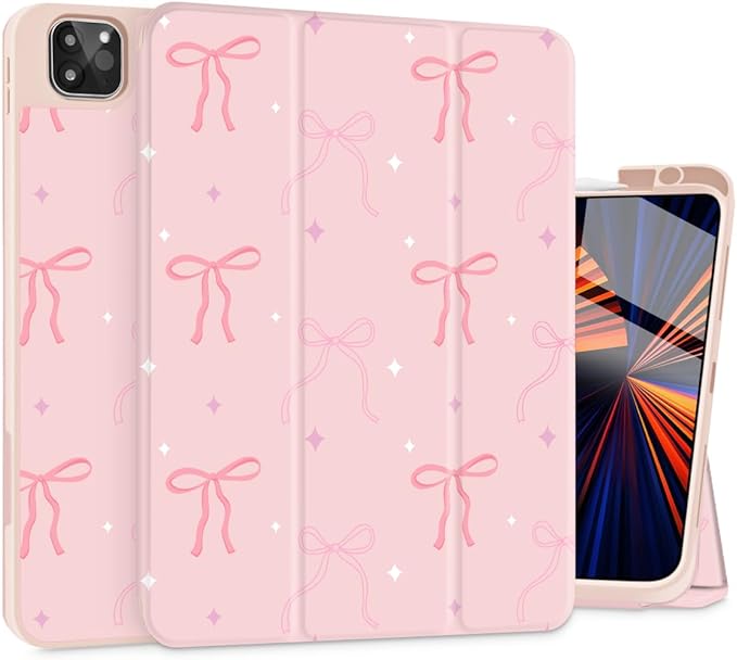 Tuiklo for iPad Pro 12.9 inch 6th / 5th / 4th / 3rd Generation 2022 2021 2020 2018 Release Case- Built in Pencil Holder Slim Protective Cover with Auto Wake/Sleep, Pink Bows