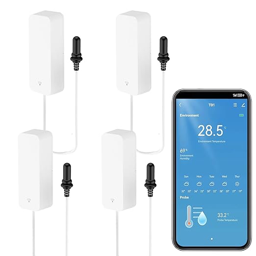 Smart Thermometer Hygrometer with Probe, WiFi Aquarium Temperature Humidity Gauge with App Remote Monitor, Indoor Refrigerator Thermometer Sensor, Data Storage&Export, Compatible with Alexa. 4PCS