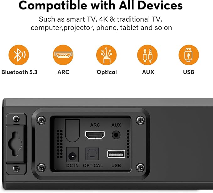 2.1 Sound Bar for Smart TV with Built-in Subwoofer, 6 Levels Voice Enhancement, 15 Inches Small TV Soundbar Speakers with Bluetooth 5.3/ARC/Optical/AUX/USB Connection, 3 EQ Modes, Wall Mount