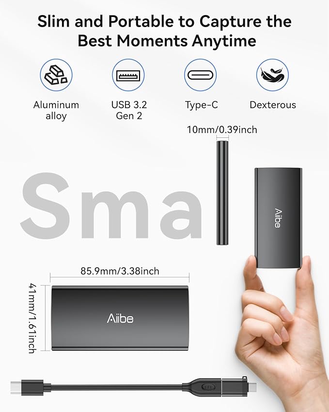 Aiibe 1TB External SSD USB C Portable SSD USB 3.2 Gen 2, Up to 1050MB/s, External Solid State Drive 1TB External Hard Drive for iPhone 17/16/15, Laptop (Black)