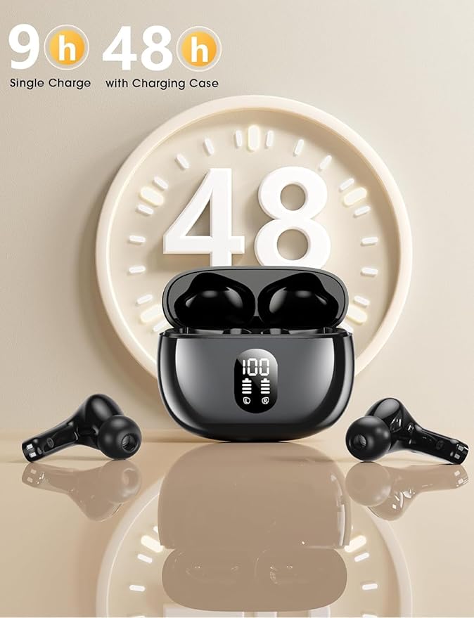 Wireless Earbuds Deep Bass Sound Ear Buds, Bluetooth 5.3 Headphones 48H Playtime, LED Display Earphones with Mic, IPX7 Waterproof Lightweight in-Ear Buds, Touch Control for iPhone TV Laptop Blueblack