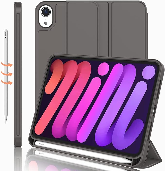 iMieet iPad mini 7 Case 2024 (A17 Pro), iPad mini 6 Case (8.3-Inch,2021 Model), iPad mini 7th/6th Generation Case with Pencil Holder, Trifold Stand Smart Case with Soft TPU Back,Space Gray