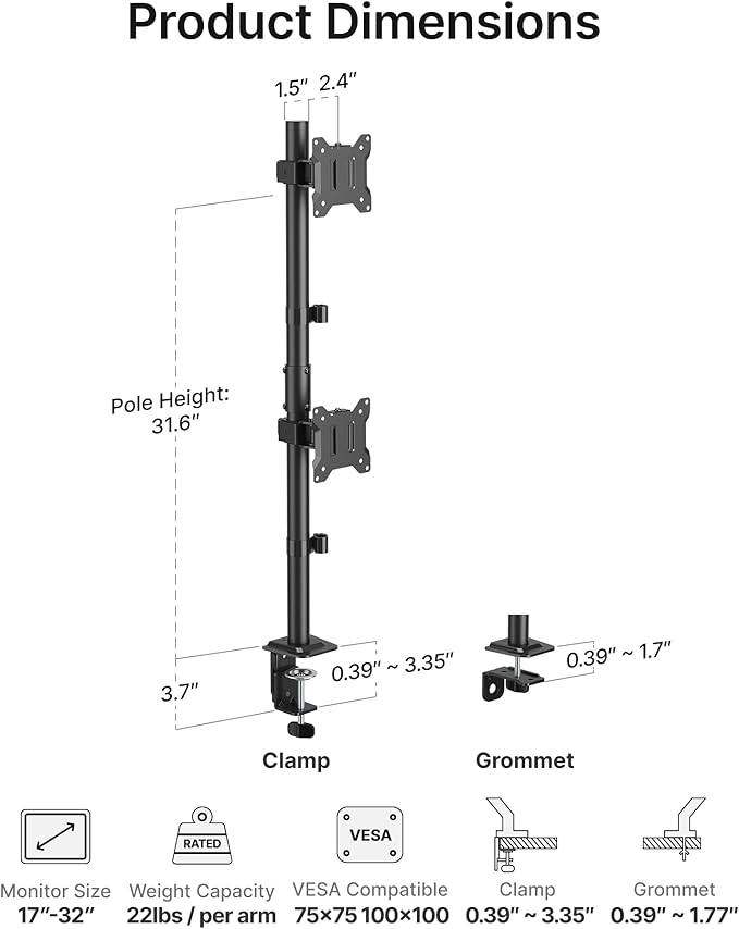 monTEK Stable Vertical Dual Monitor Mount, Stacked Desk Stand for Two 17-32 inch Screens, Full Motion Arm with Tilt, Swivel, Rotation, Supports 22 lbs per Side, C-Clamp/Grommet Base, VESA 100×100mm