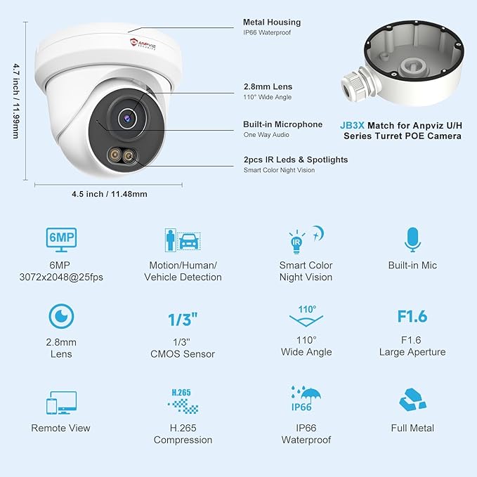 Anpviz 6MP PoE IP Camera, 3K Full Metal Turret Security IP Camera Outdoor Indoor, Smart Dual Light Color Night Vision, AI Human Vehicle Detection, Built-in Mic, NDAA, IPC-D3B63W-S (U Series)
