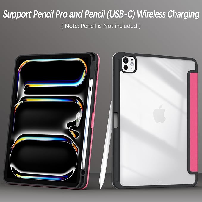 Case for iPad Pro 11-Inch M5/M4 2025/2024 (6th/5th Generation), Case with Pencil Holder, Clear Back Cover Cute Cool Design for Women Girls, Auto Sleep/Wake, Rose Red Book
