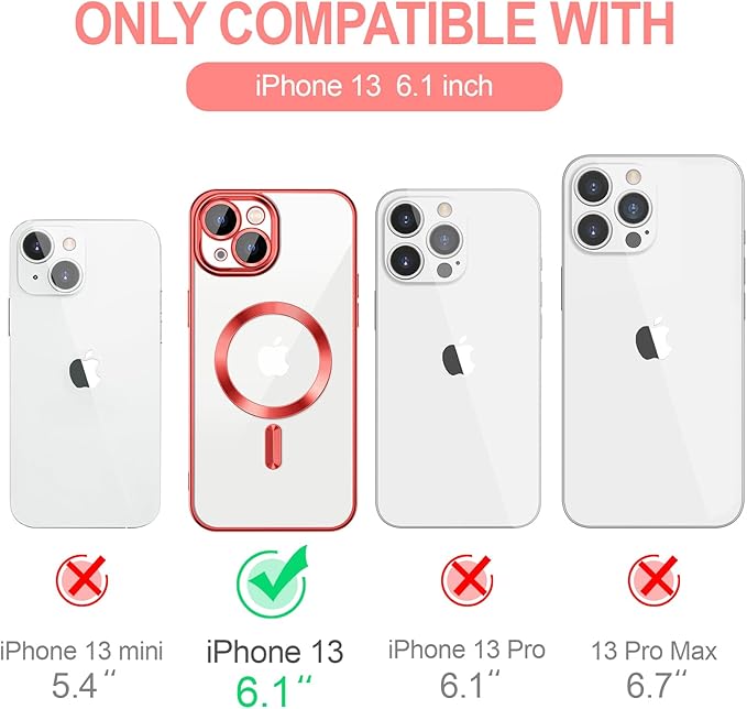 Hython Magnetic Clear for iPhone 13 Case with Camera Lens Protector [Compatible with MagSafe] Luxury Plating Edge Slim Soft TPU Cover Protective Phone Case for iPhone 13 6.1", Red