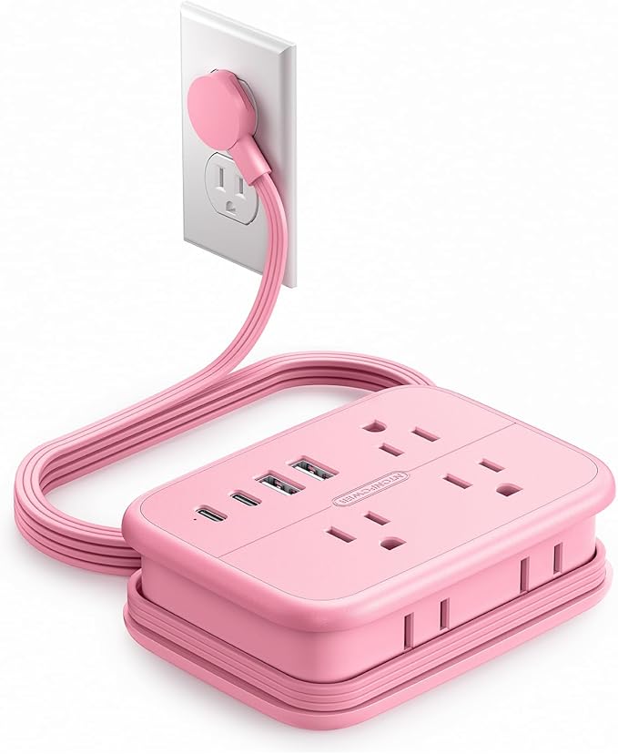 NTONPOWER Pink Extension Cord, Travel Power Strip, 6 Outlets 4 USB Ports(2 USB C), 4ft Extension Cord Wrapped Around Small Power Strip, Compact for Travel, Hotel, Cruise Approved, White
