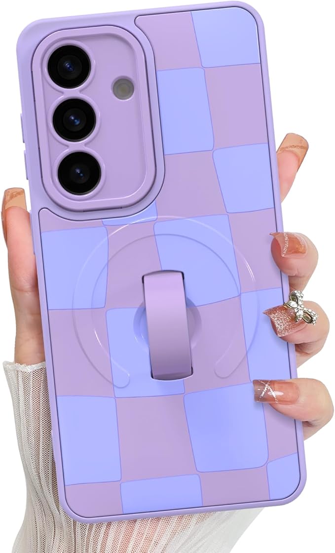 KANGHAR Compatible with Samsung Galaxy S26 Case, Support for MagSafe, Silicone Checkered Cute Pattern, Wristband Kickstand Camera Protection Soft Slim Cover for Girls Women -Purple