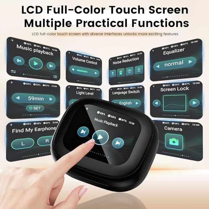 Wireless Earbuds, Bluetooth 5.4 Headphones in Ear with Smart Touchscreen Case, ANC Noise Cancelling Ear Buds, 60H Playtime for Sports & Working, Bass Stereo Sound for iPhone/Android (Black)