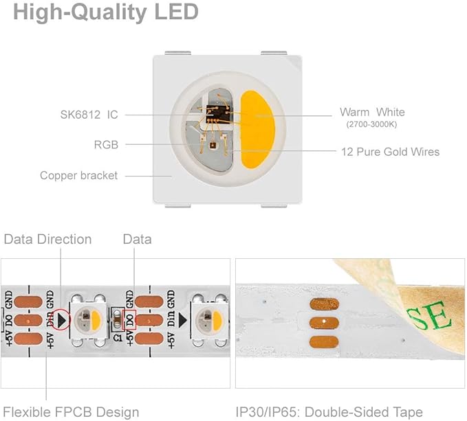 BTF-LIGHTING RGBW RGB+Warm White SK6812 (Similar WS2812B) 4 Colors in 1 LED Strip Individually Addressable 16.4ft 60Pixel/m 300LED Light Dream Color IP30 DC5V White PCB (No Adapter or Controller)