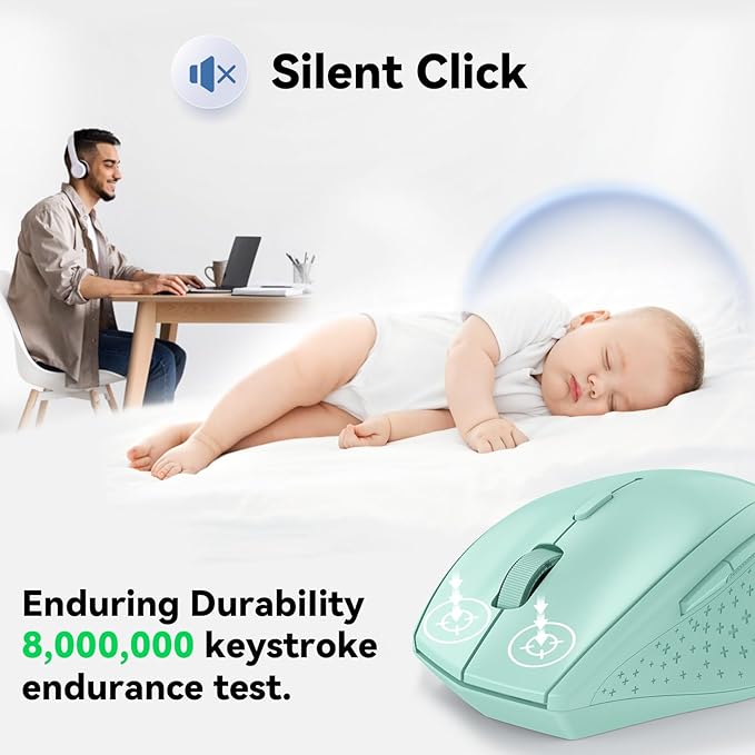 TECKNET Wireless Mouse, 2.4G USB Computer Mouse with 6-Level Adjustable 4800 DPI, 30 Months Battery, Ergonomic Grips, 6 Buttons Portable for PC, Chromebook, Mac - Green