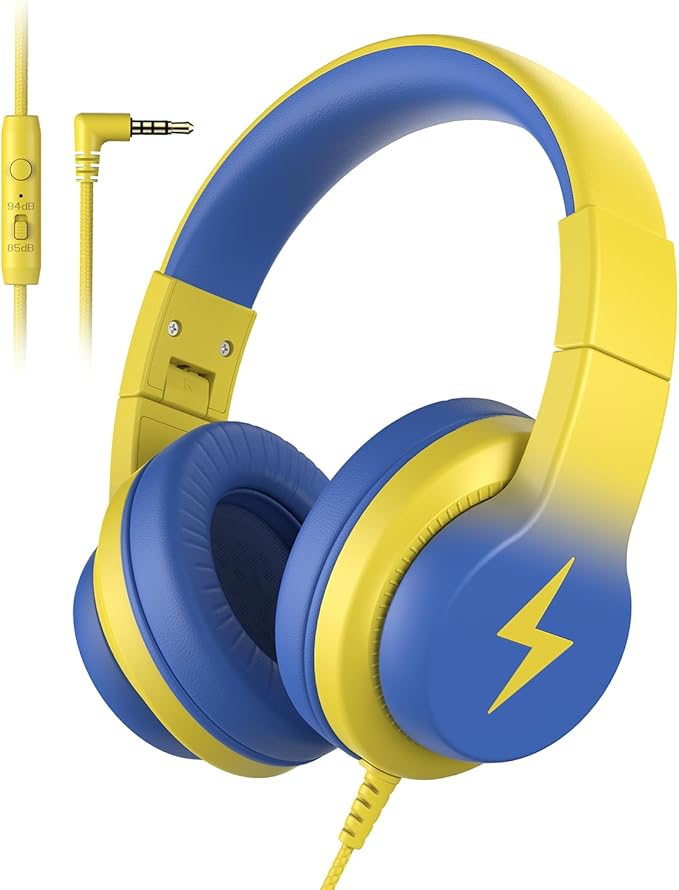 Candy Bila Kids Headphones, Wired Headphones for Kids Over Ear with Microphone, 85/94dB Volume Limiter Headphone for Girls Boys, Foldable Headphone for Learning & Entertainment, Light Yellow