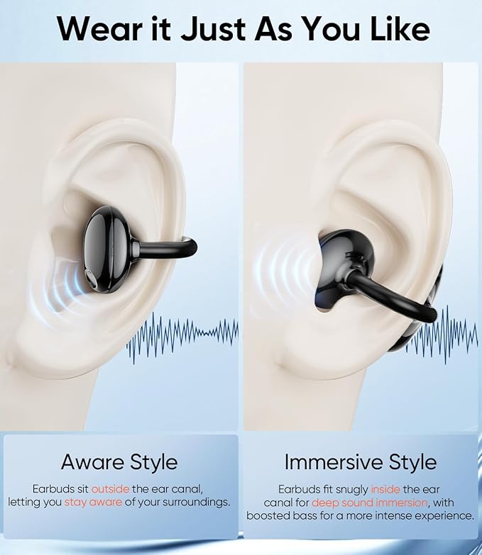 Clip on Earbuds Wireless, Lightweight Open Ear Earbud with Physical Button, Deep Bass Sound Bluetooth 6.0 Headphone Support Dual-Device, 60H Play Time, Ideal for Workout, Running, Subway