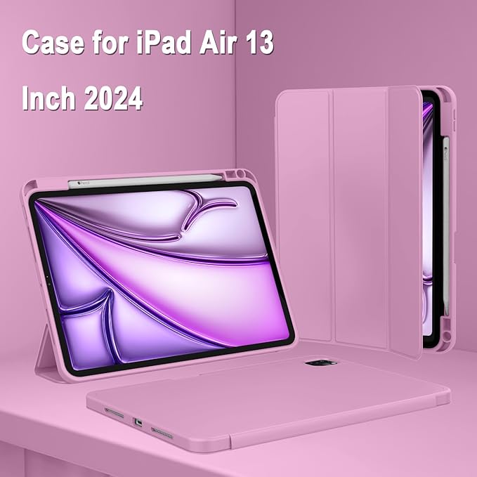 ZryXal New iPad Air 13 Inch Case M3 2025/M2 2024 with Pencil Holder, Trifold Stand Smart Case with Soft TPU Back,Auto Wake/Sleep(Pale Violet Red)