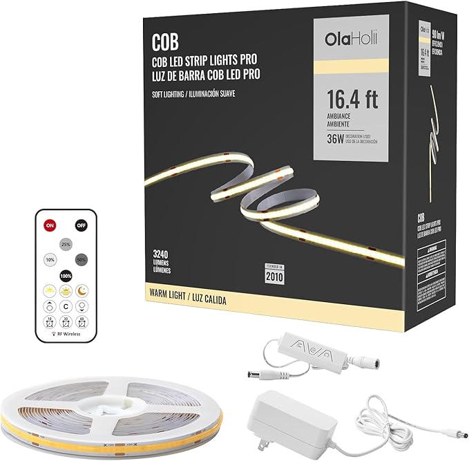 16.4ft COB LED Strip Light with Remote, 3000K Ra93+ Dimmable Bright Warm White Led COB Strip Light, White Continuous Led Strip Light for Mirror, Stair, Cabinet, Room