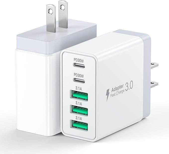 [2-Pack] 60W USB C Wall Charger,5-Port Fast USB C Charging Block 30W Type C Power Adapter,2USB C+3USB A Multiport Charging Cube USB A Wall Plug for iPhone 17/16/15 Pro Max Plus, MacBook,Samsung Galaxy