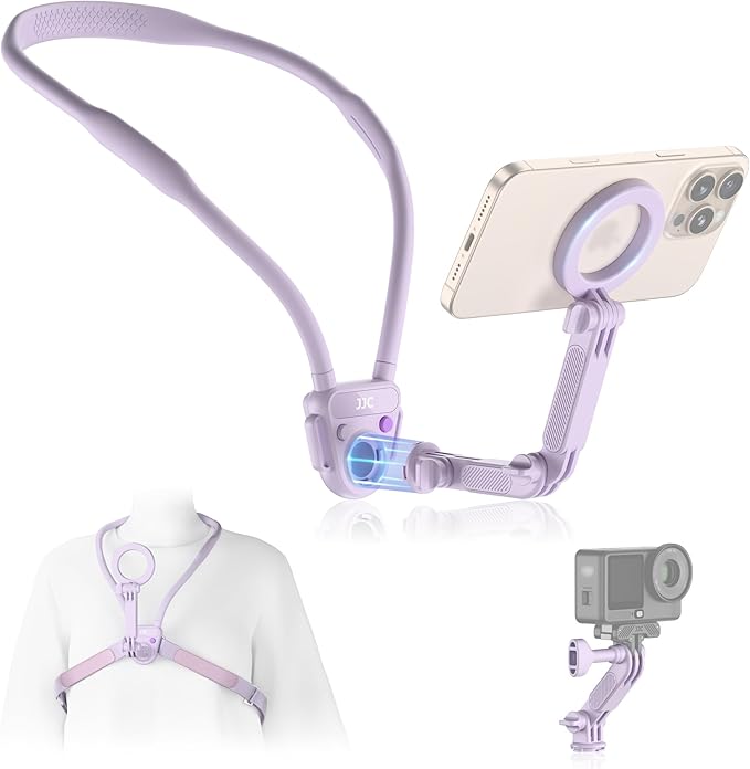 JJC Magnetic Neck Mount for Phone & Action Camera, POV Neck Holder for iPhone 17-12 Series Android Phones Gopro Insta360 with Quick Release & Angles Adjustment for Content Creating Women-Purple