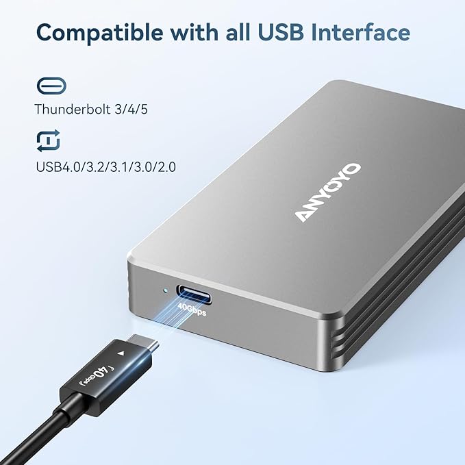 ANYOYO 40Gbps M.2 NVMe SSD Enclosure with Aluminum Alloy Heat Dissipation, No Noise External SSD Case Compatible for Thunderbolt 4/3/USB4, Support M/B+M Key SSD, Tool-Free Installation