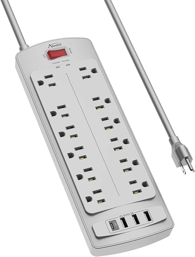 Power Strip, ALESTOR Surge Protector with 12 Outlets and 4 USB Ports, 6 Feet Extension Cord (1875W/15A), 2700 Joules, ETL Listed, Grey