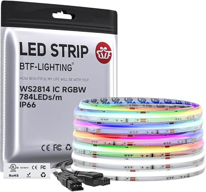 BTF-LIGHTING FCOB COB LED Strip Light IP66, WS2814 Smart IC RGBW 6000K Color Chasing Light, UL Listed DC24V 16.4FT 784LEDs/m High Density 10mm Width for Home Party DIY Decor(No Adapter or Controller)