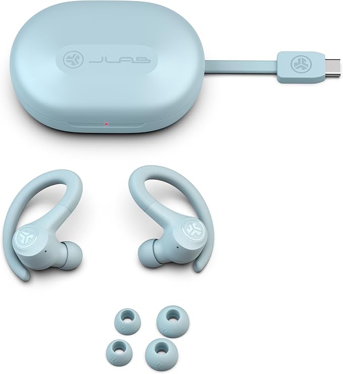 JLab Go Sport+ Wireless Workout Earbuds with C3 Clear Calling, Secure Earhook Sport Design, 35+ Hour Bluetooth Playtime, 3 EQ Sound Settings, Light Blue
