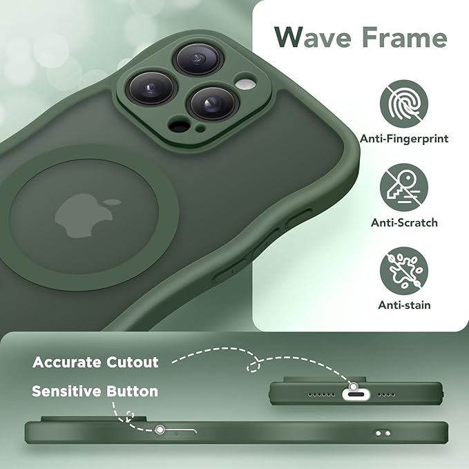 CAPRARO Cute for iPhone 13 Pro Max Case, Compatible with MagSafe, [Curly Wave Edge] [Full Camera Protection] [14 FT Drop Protection] Magnetic Phone Case for 13 Pro Max 6.7 Inch, Dark Green