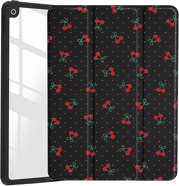 JOYLAND Cute Cherry Polka Dot Case for iPad Pro 12.9" 6th/5th/4th/3rd Generation (2022/2021/2020/2018),Girly Clear Acrylic Hard Back Black Case with Pencil Holder Trifold Stand Tablet Cover