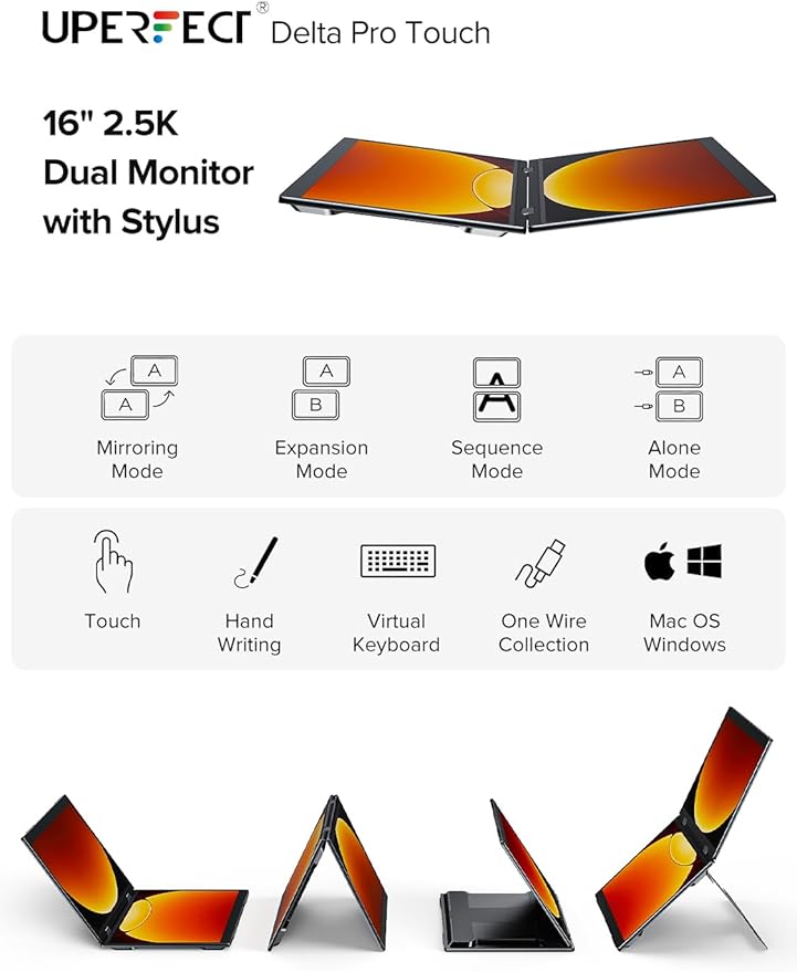 UPERFECT Delta Pro Touch Portable Monitor, 16" 2K Laptop Screen Extender, Touchscreen Dual Monitor with Stylus, First Pressure-Sensitive Touch Display, Stacked Folding Vertical Dual Screen with Stand